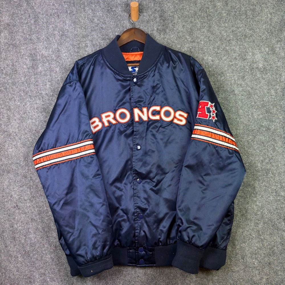 Starter Jacket Mens 3XL Blue Denver Broncos Satin Bomber Vintage Snap NFL Coat
